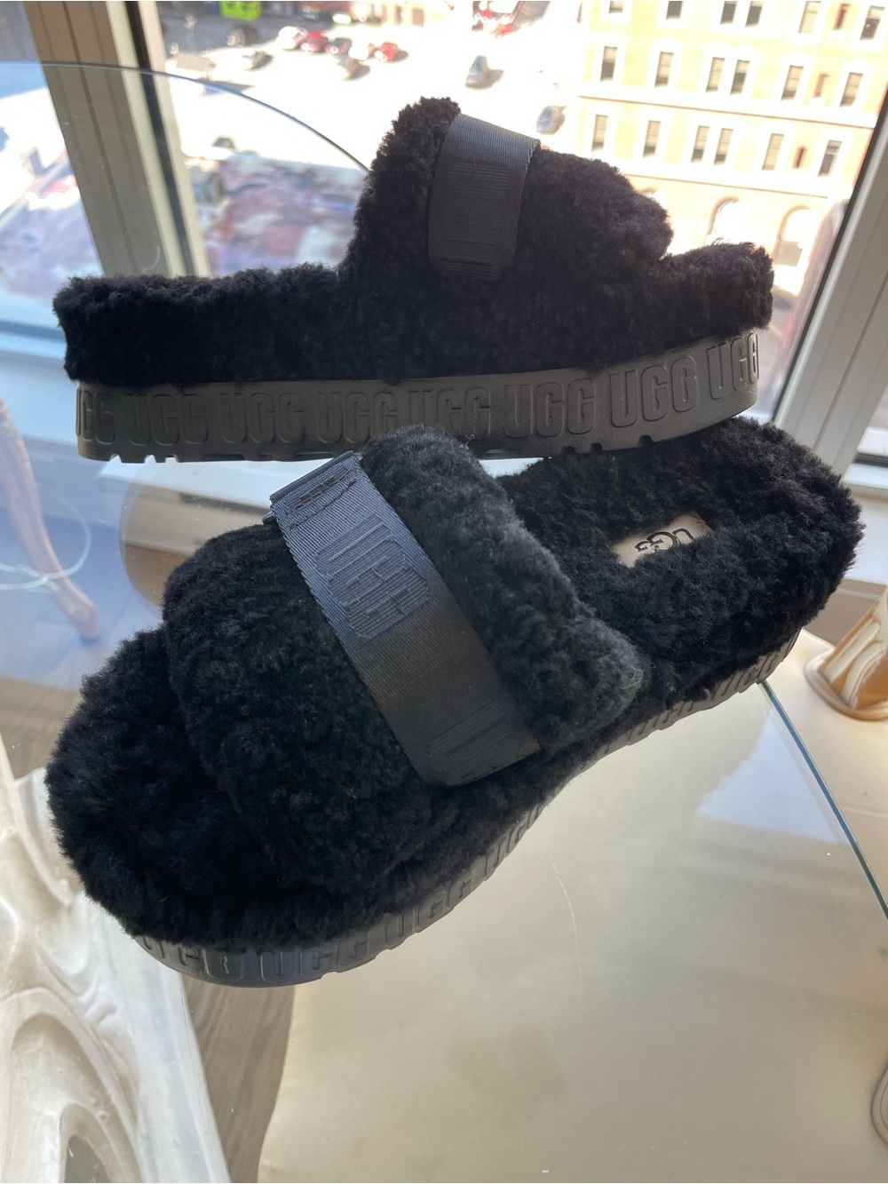 UGG Black Shearling Slide Sandals with Branded Strap